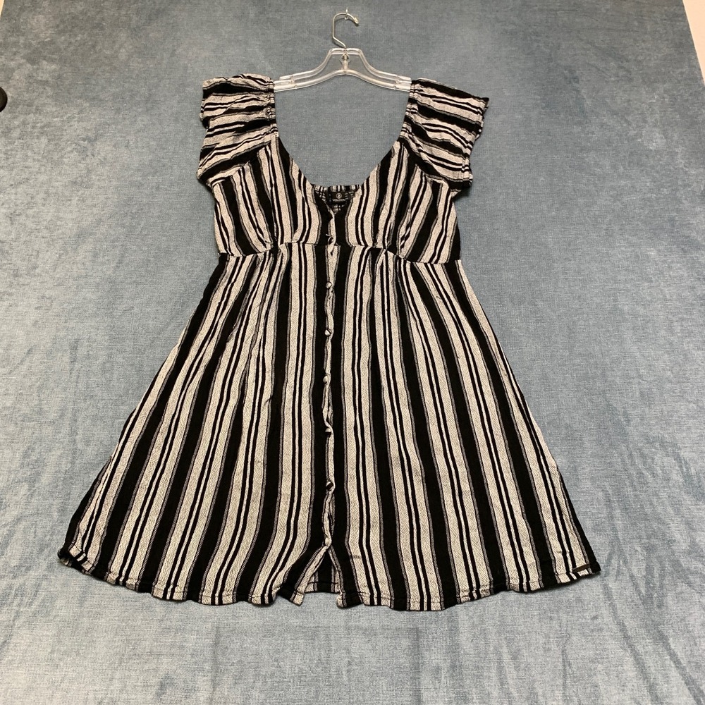 Volcom A Line Mini Dress Womens Medium Black Gray Striped Button Front V Neck